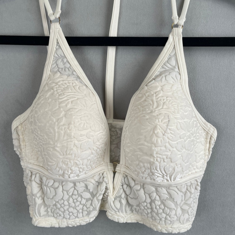 PINK VS Cream Floral Velvet Burnout Longline Bralette Coquette Balletcore Soft S